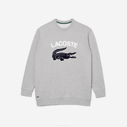 Men Lacoste V0ZN1289 Grey Chine CCA Crocodile Print Crew Neck Sweatshirt - Plus Size - Big