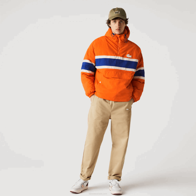 Men Lacoste V0ZN1300 Orange Blue Beige 0D8 L!VE Quilted Pullover Jacket - Image 2
