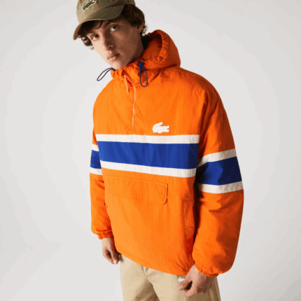 Men Lacoste V0ZN1300 Orange Blue Beige 0D8 L!VE Quilted Pullover Jacket
