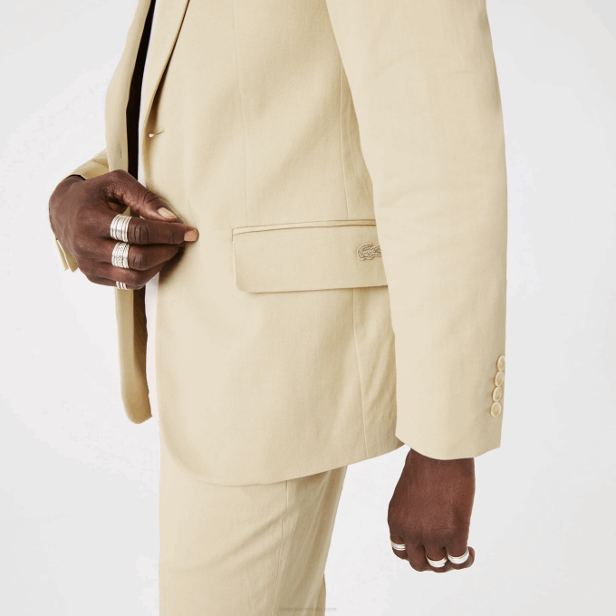 Men Lacoste V0ZN1305 Beige 68S Cotton And Linen Blend Pleated Blazer - Image 6