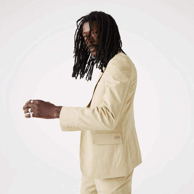 Men Lacoste V0ZN1305 Beige 68S Cotton And Linen Blend Pleated Blazer - Image 7