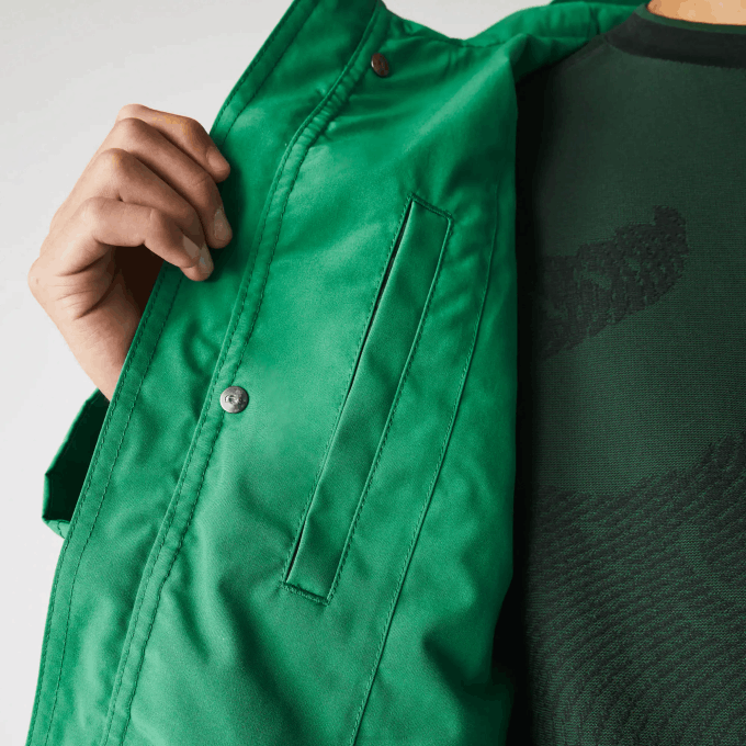 Men Lacoste V0ZN1313 Green LDM Water-Resistant Cotton Blend Short Hooded Parka - Image 4