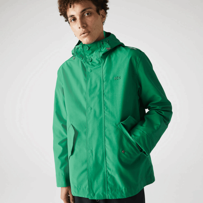 Men Lacoste V0ZN1313 Green LDM Water-Resistant Cotton Blend Short Hooded Parka - Image 1