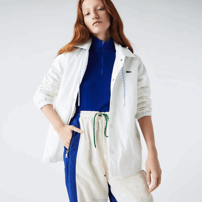 Men Lacoste V0ZN1316 White Blue EME LIVE Contrast Hood Buttoned Jacket - Image 2