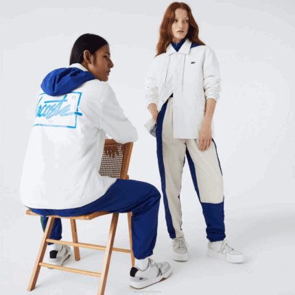 Men Lacoste V0ZN1316 White Blue EME LIVE Contrast Hood Buttoned Jacket