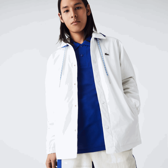 Men Lacoste V0ZN1316 White Blue EME LIVE Contrast Hood Buttoned Jacket - Image 7