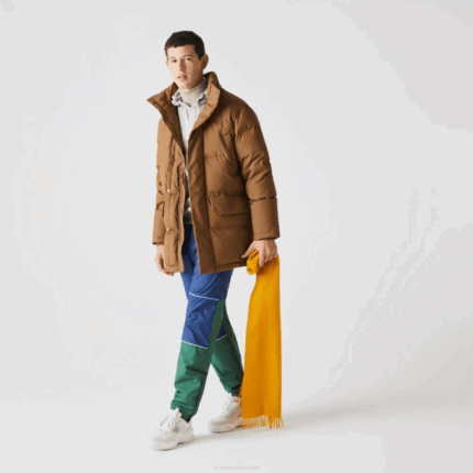Men Lacoste V0ZN1318 Brown Z0W Detachable Hood Long Puffer Coat