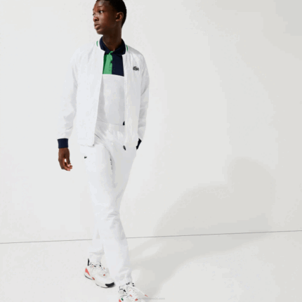 Men Lacoste V0ZN1321 White Navy Blue White Green GQE SPORT Lightweight Water-Resistant Jacket