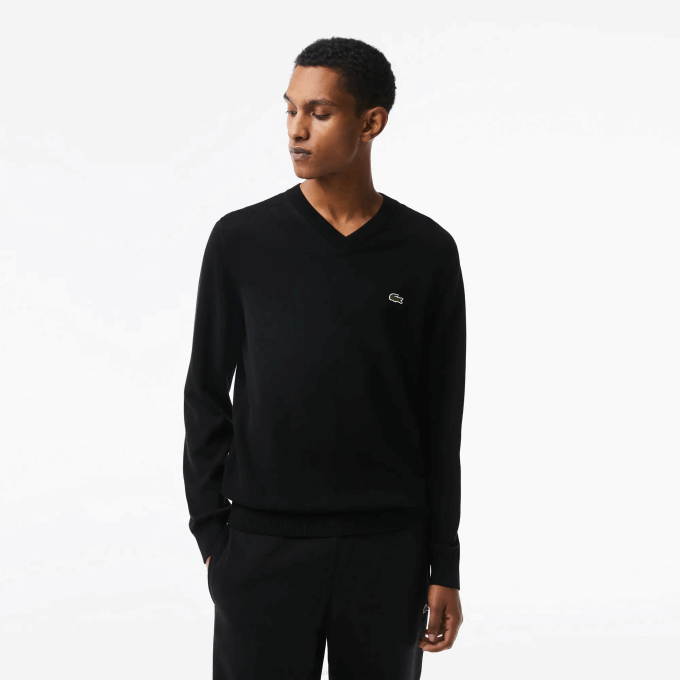 Men Lacoste V0ZN1323 Black 031 V-Neck Organic Cotton Sweater - Image 1
