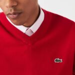 Men Lacoste V0ZN1324 Red 240 V-Neck Organic Cotton Sweater - Image 2