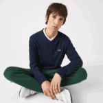 Men Lacoste V0ZN1325 Blue Chine 3GF V-Neck Organic Cotton Sweater - Image 4