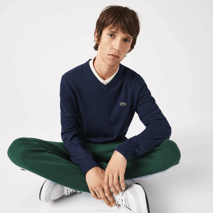 Men Lacoste V0ZN1325 Blue Chine 3GF V-Neck Organic Cotton Sweater - Image 4