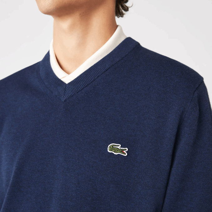 Men Lacoste V0ZN1325 Blue Chine 3GF V-Neck Organic Cotton Sweater - Image 6