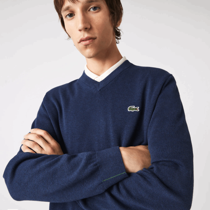Men Lacoste V0ZN1325 Blue Chine 3GF V-Neck Organic Cotton Sweater - Image 1