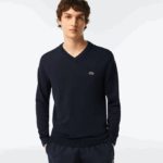 Men Lacoste V0ZN1326 Navy Blue 166 V-Neck Organic Cotton Sweater