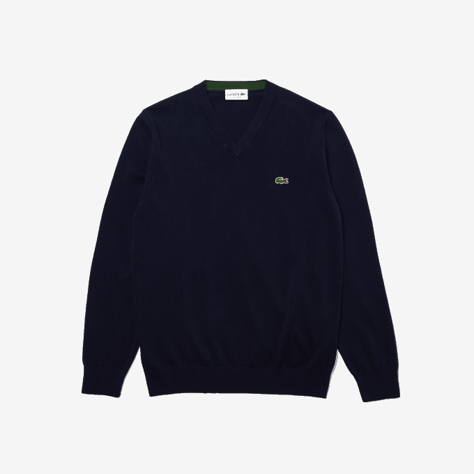 Men Lacoste V0ZN1326 Navy Blue 166 V-Neck Organic Cotton Sweater - Image 5