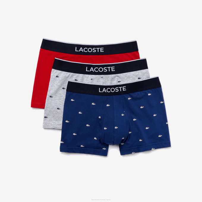 Men Lacoste V0ZN1327 Navy Blue Grey Chine Red W3T Casual Signature Boxer Trunks 3-Pack - Image 5