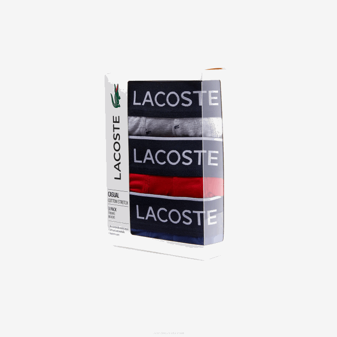 Men Lacoste V0ZN1327 Navy Blue Grey Chine Red W3T Casual Signature Boxer Trunks 3-Pack - Image 6