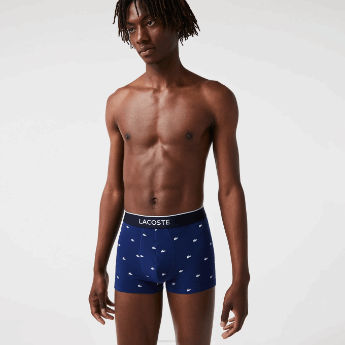 Men Lacoste V0ZN1327 Navy Blue Grey Chine Red W3T Casual Signature Boxer Trunks 3-Pack - Image 1