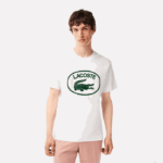 Men Lacoste V0ZN132 White Green 737 Relaxed Fit Tone-On-Tone Branded Cotton T-Shirt