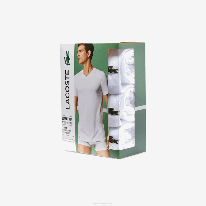 Men Lacoste V0ZN1335 White 001 V-Neck Cotton Lounge T-Shirt 3-Pack - Image 5