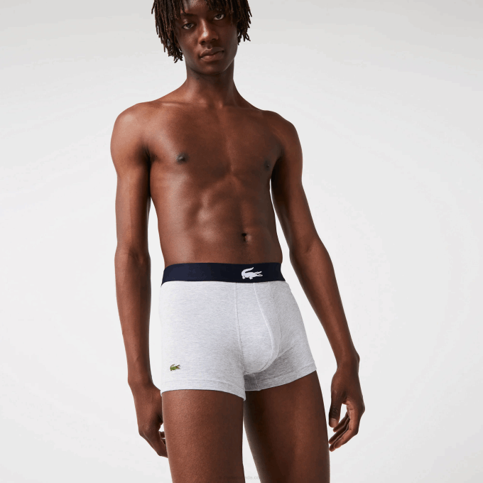 Men Lacoste V0ZN1342 White Grey Chine Navy Blue BCK Mismatched Stretch Cotton Trunk 3-Pack - Image 2