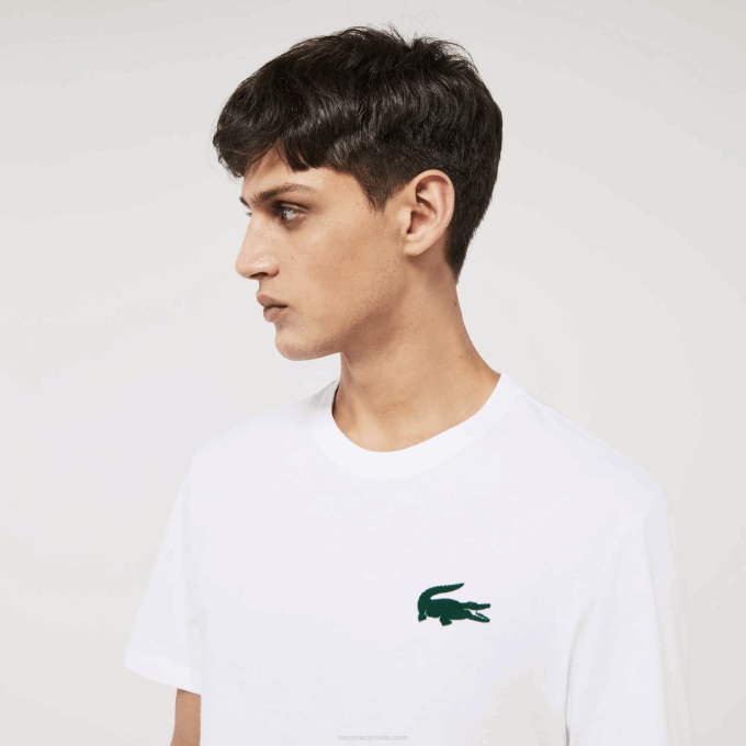 Men Lacoste V0ZN1343 White Green 7WJ Velour Crocodile Crew Neck Cotton Lounge T-Shirt - Image 2