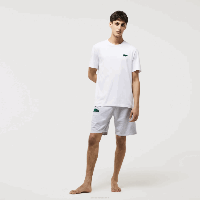 Men Lacoste V0ZN1343 White Green 7WJ Velour Crocodile Crew Neck Cotton Lounge T-Shirt - Image 4