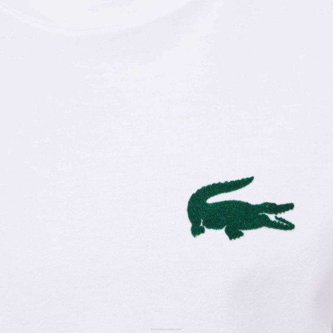 Men Lacoste V0ZN1343 White Green 7WJ Velour Crocodile Crew Neck Cotton Lounge T-Shirt - Image 6