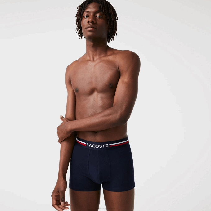 Men Lacoste V0ZN1347 Navy Blue Grey Chine Red W34 Iconic Three-Tone Waistband Trunk 3-Pack - Image 1