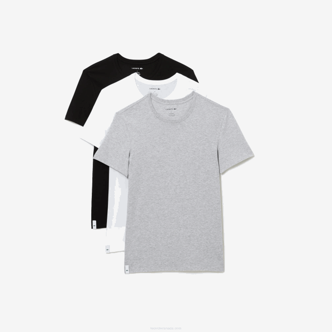 Men Lacoste V0ZN1349 White Grey Chine Black BXY Crew Neck Cotton T-Shirt 3-Pack - Image 4