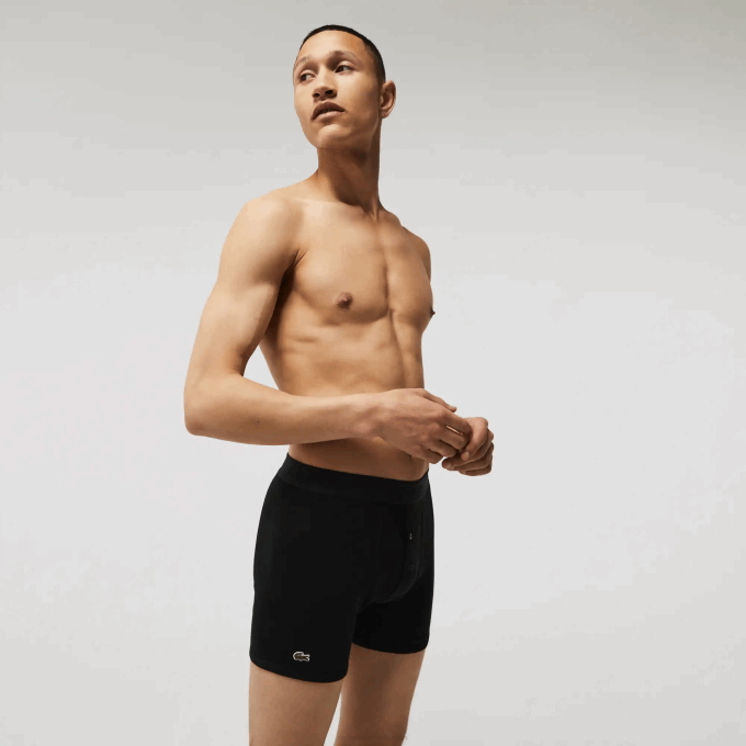 Men Lacoste V0ZN1359 Black Grey Chine VFU Lettered Waist Long Cotton Boxer Brief 3-Pack - Image 2