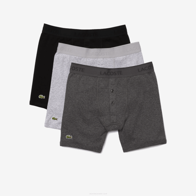 Men Lacoste V0ZN1359 Black Grey Chine VFU Lettered Waist Long Cotton Boxer Brief 3-Pack - Image 4