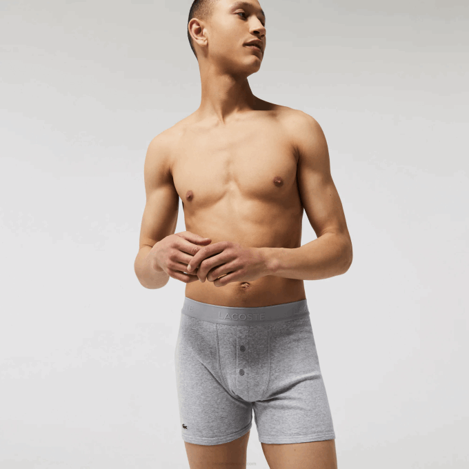 Men Lacoste V0ZN1359 Black Grey Chine VFU Lettered Waist Long Cotton Boxer Brief 3-Pack - Image 5