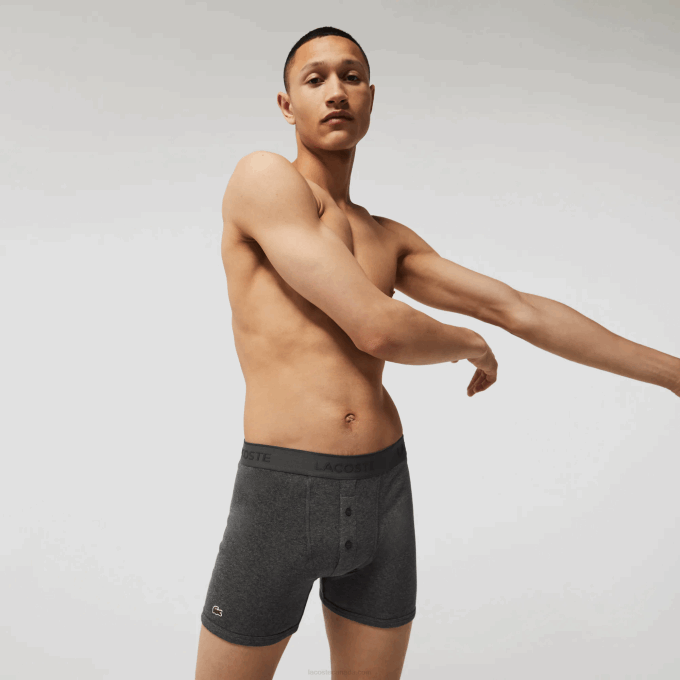 Men Lacoste V0ZN1359 Black Grey Chine VFU Lettered Waist Long Cotton Boxer Brief 3-Pack - Image 1