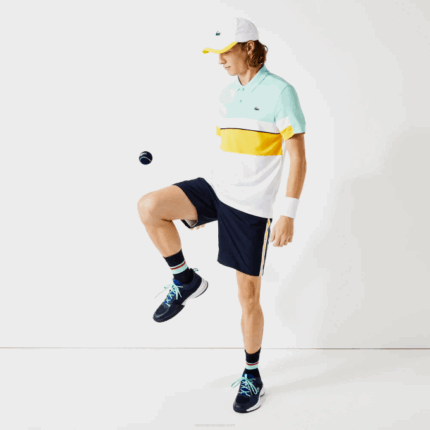 Men Lacoste V0ZN1363 Navy Blue Yellow White APK SPORT Contrast Bands Lightweight Shorts