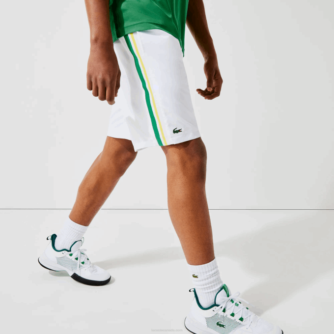 Men Lacoste V0ZN1364 White Green Yellow White B0T SPORT Contrast Bands Lightweight Shorts - Image 2
