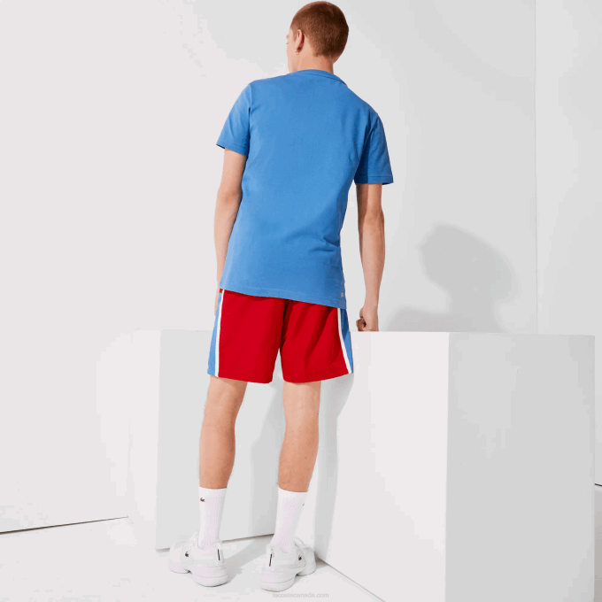 Men Lacoste V0ZN1366 Red Blue White CMJ SPORT Colorblock Panels Lightweight Shorts - Image 3