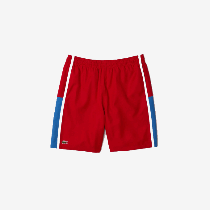 Men Lacoste V0ZN1366 Red Blue White CMJ SPORT Colorblock Panels Lightweight Shorts - Image 5