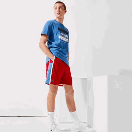 Men Lacoste V0ZN1366 Red Blue White CMJ SPORT Colorblock Panels Lightweight Shorts