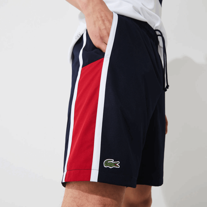 Men Lacoste V0ZN1367 Navy Blue Red White MWP SPORT Colorblock Panels Lightweight Shorts - Image 7