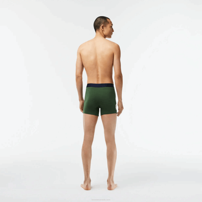 Men Lacoste V0ZN1368 Green Navy Blue White P52 Crocodile Waist Long Stretch Cotton Boxer Brief 3-Pack - Image 3
