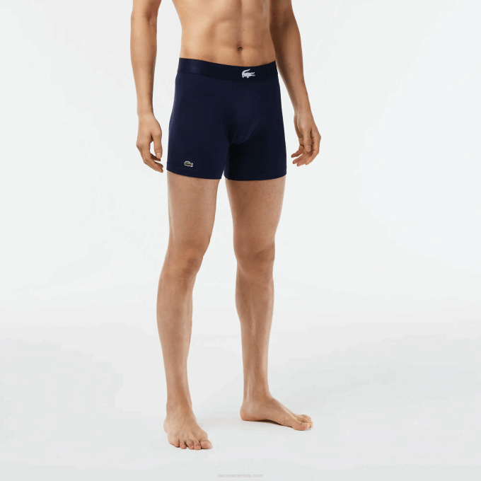 Men Lacoste V0ZN1368 Green Navy Blue White P52 Crocodile Waist Long Stretch Cotton Boxer Brief 3-Pack - Image 4