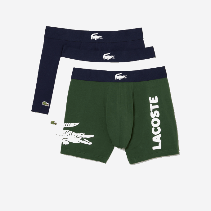 Men Lacoste V0ZN1368 Green Navy Blue White P52 Crocodile Waist Long Stretch Cotton Boxer Brief 3-Pack - Image 5