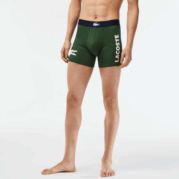 Men Lacoste V0ZN1368 Green Navy Blue White P52 Crocodile Waist Long Stretch Cotton Boxer Brief 3-Pack - Image 6