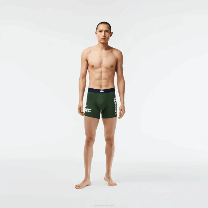 Men Lacoste V0ZN1368 Green Navy Blue White P52 Crocodile Waist Long Stretch Cotton Boxer Brief 3-Pack - Image 1