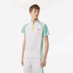 Men Lacoste V0ZN137 White Light Green Yellow AWC Tennis Recycled Polyester Polo with Ultra-Dry Technology