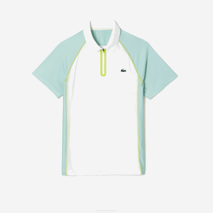 Men Lacoste V0ZN137 White Light Green Yellow AWC Tennis Recycled Polyester Polo with Ultra-Dry Technology - Image 4