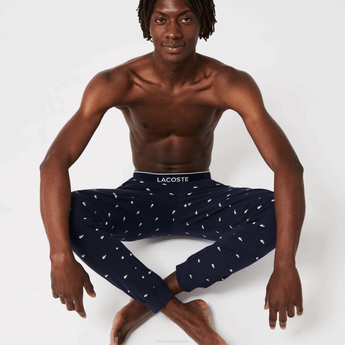 Men Lacoste V0ZN1385 Navy Blue White 525 Printed Jersey Pajama Pants - Image 2