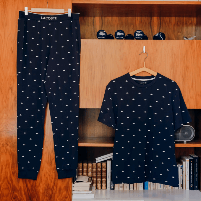 Men Lacoste V0ZN1385 Navy Blue White 525 Printed Jersey Pajama Pants - Image 6